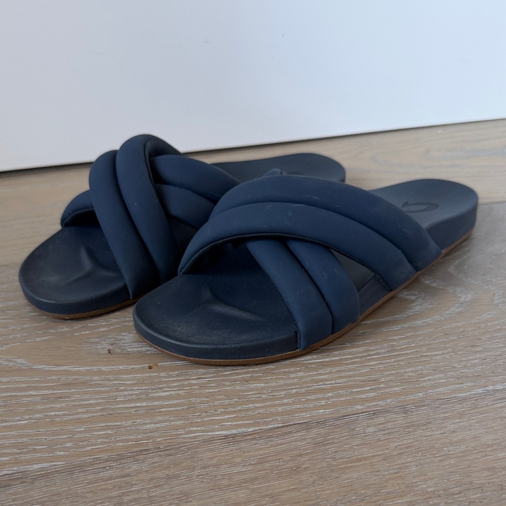 OluKai Navy Cross-Strap Slide Sandals